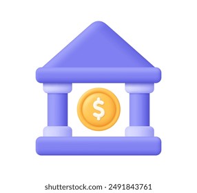 Edificio del banco con moneda. Banca en línea, finanzas, transacciones bancarias, servicio bancario. Icono de Vector 3d. Dibujos animados estilo minimalista.