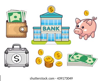 Bank building, coins and banknotes, piggy moneybox, wallet with money, briefcase with a dollar sign. Banking icons set isolated.