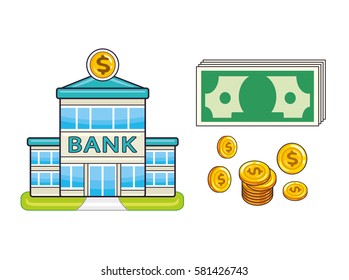Bank building, coins and banknotes, vector set isolated.