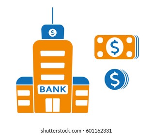 Bank building, coins and banknotes, vector icons set isolated.