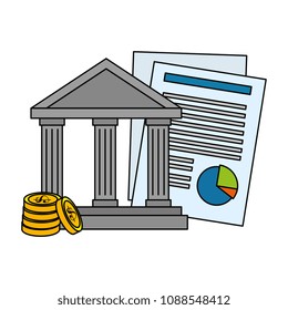 bank building with coins and documents