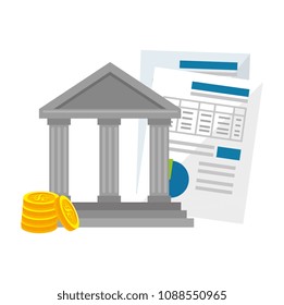 bank building with coins and documents