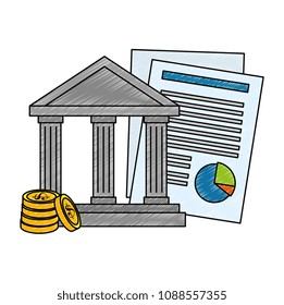 bank building with coins and documents