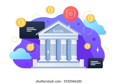 Bank building and coins vector illustration. Architecture building with columns flat style. Money exchange and financial services concept. Government institution isolated on white background