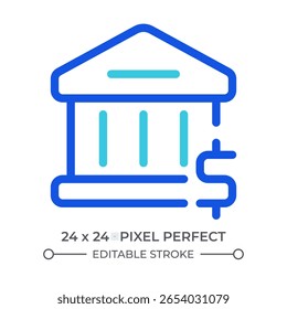 Ícone de interface do usuário de linha colorida de construção bancária. Moeda do dólar. Instituição financeira, economia. Banco, investimento. Símbolo linear duotônico de vetor isolado. Elemento de interface do usuário, pixel perfect