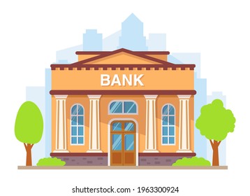 Bank building with columns. Flat style vector illustration.Government building.Financial house.Building facade. Front view of bank.Isolated on white background.Silhouette city skyline skyscrapers.