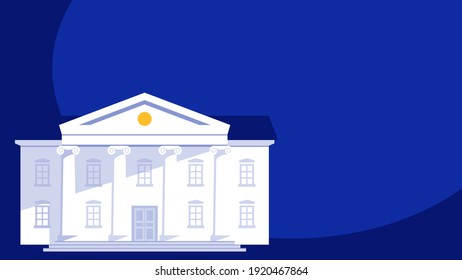 Bank building. Building with columns and portico in classical style. Vector modern illustration  isolated on blue background. Copy space 