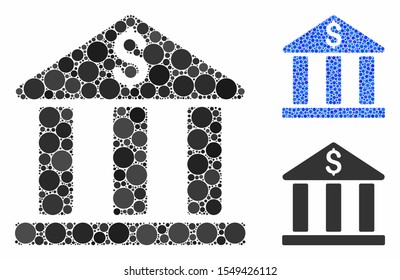 Bank building composition of filled circles in variable sizes and shades, based on bank building icon. Vector filled circles are composed into blue mosaic.