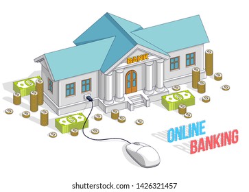 Bank building with computer mouse and cash money stack and coins, Online Banking, cartoon isolated on white background. Isometric vector business and finance illustration, 3d thin line design.