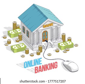 Edificio de bancos con ratón de computadora y pila de dinero en efectivo y monedas, Banca en línea, caricatura aislada en fondo blanco. Isometric vector business and finance ilustración, 3d thin line design.