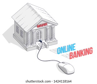 Bank building with computer mouse connected, Online Banking, cartoon isolated on white background. Isometric vector business and finance illustration, 3d thin line design.