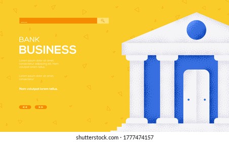 bank building concept flyer, web banner, ui header, enter site. Grain texture and noise effect. Modern illustration slider site page. Vector design image.
