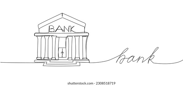 Bank, bank building, court, building with columns one line art. Continuous line drawing of bank, money, finance, financial, economic, wealth, credit with an inscription, lettering, handwritten.