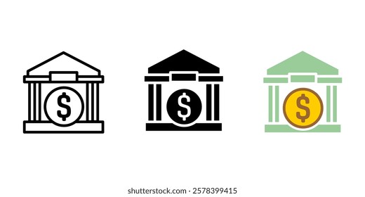 Bank building with dollar coin icon. Financial structure sign.