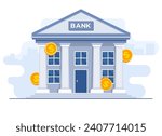 Bank building with dollar coins around flat illustration vector template on white background
