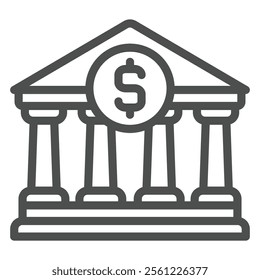 Bank building with dollar line icon, bank account and finance concept. Vector graphics. House with roman columns sign on white background, outline style icon for mobile or web design