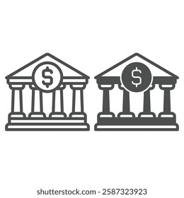 Bank building with dollar line and solid icon, bank account and finance concept. Vector graphics. House with roman columns sign on white background, outline style icon for mobile or web design