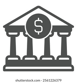 Bank building with dollar solid icon, bank account and finance concept. Vector graphics. House with roman columns sign on white background, glyph style icon for mobile or web design