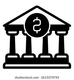 Bank building with dollar solid icon, bank account and finance concept. Vector graphics. House with roman columns sign on white background, glyph style mobile or design