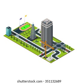 Bank Building In Downtown. Yellow Crane , Skyscraper Construction, Stadium And Cell Tower Illustration. Isometric City Map.