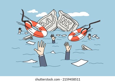 Bank building and employees drowning in water after financial crisis. Concept of finance instability and bankruptcy. Flat vector illustration. 