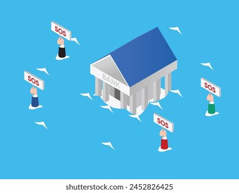 Bank building and employees drowning in water after financial crisis 3d isometric vector illustration