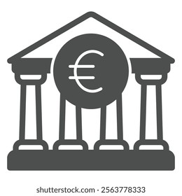 Bank building with euro solid icon, finance concept. Vector graphics. House with roman pillars and coin sign on white background, glyph style icon for mobile or web design