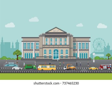 Bank building exterior in city space with street and car and business people walking on street, Vector illustration design.