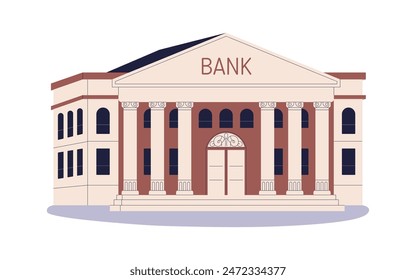 Bank building exterior. Classic financial institution facade with columns. Economic department, old fiscal house, architecture with pillars. Flat vector illustration isolated on white background