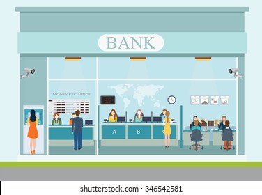 Bank building exterior and interior counter desk, cashier, consulting, money currency exchange, financial services, ATM, safety deposit box with CCTV security camera, banking vector illustration.