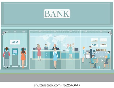 Bank building exterior and interior counter desk, cashier, consulting, money currency exchange, financial services, ATM, safety deposit box with CCTV security camera, banking vector illustration.