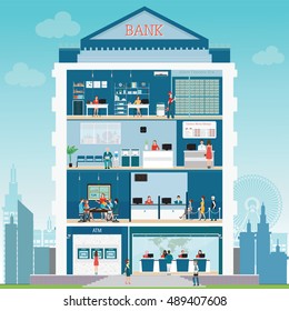 Bank building exterior and interior with counter desk, cashier, consulting, money currency exchange, financial services , ATM and safety deposit box, vector illustration.