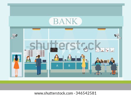 Bank building exterior and interior counter desk, cashier, consulting, money currency exchange, financial services, ATM, safety deposit box with CCTV security camera, banking vector illustration.