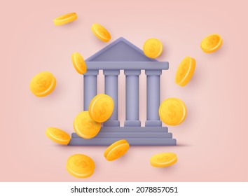 Bank building facade with coins. Mobile banking and online payment concept. 3D Vector Illustrations.
