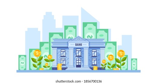 Bank building facade financial vector concept with dollar bills, growing plants, coins. Capital investment or money saving business clipart with city outline. Financial flat illustration with bank