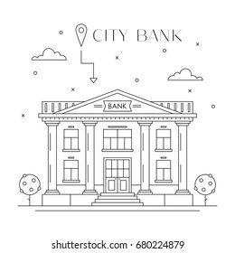Bank building facade flat line design, front view. City architecture infografic. Public financial service. Finance and economics industry concept. Vector illustration isolated on white.