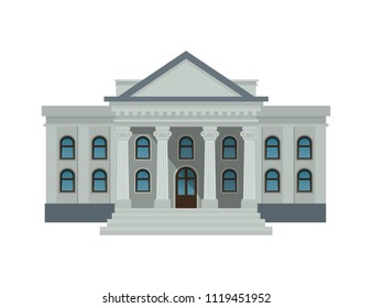 Bank building facade, university or government institution. Public building with high columns isolated on white background. Flat style vector illustration. Eps10.
