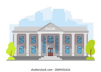 Bank building facade.Cartoon government building.Courthouse with roman columns.Vector flat illustration.Isolated on white background.Money loan house.