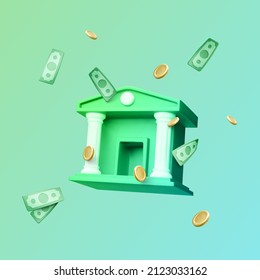 Bank building with falling gold coin and paper currency in realistic cartoon style. Business vector illustration for banners and posters