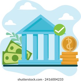 Bank building and falling quince and paper currency. Refinance or savings concept. Vector illustration.