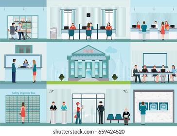 Bank Building And Finance Info Graphic With Office, Front Desk, Waiting Room, Entrance , Self Service Atm, Banking And People Working, Finance Concept Vector Illustration.