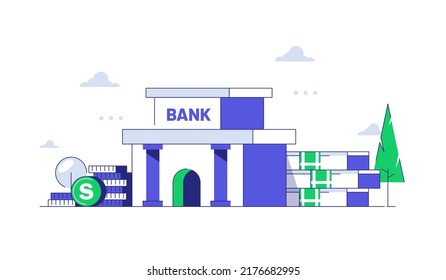 bank building, bank financing, money exchange, financial services, ATM, Concept for web page,flat design icon vector illustration