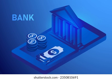 Bank building, bank financing, money exchange, financial services, ATM vector illustration