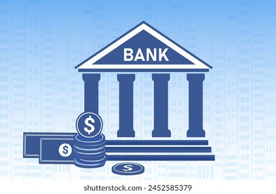 Bank building, bank financing, money exchange, financial services, ATM vector illustration