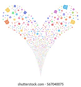 Bank Building fireworks stream. Vector illustration style is flat bright multicolored iconic symbols on a white background. Object double fountain combined from random symbols.