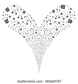 Bank Building fireworks stream. Vector illustration style is flat black iconic symbols on a white background. Object double fountain combined from random symbols.