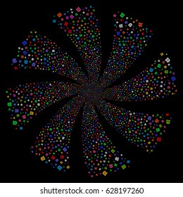 Bank Building fireworks swirl rotation. Vector illustration style is flat bright multicolored iconic symbols on a black background. Object spiral made from random design elements.