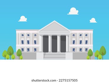 Bank building in flat style. Bank on blue sky background