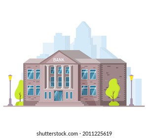Bank building .Flat style vector illustration.Financial house.Building facade.Isolated on white background.Сityscape skyscrapers.