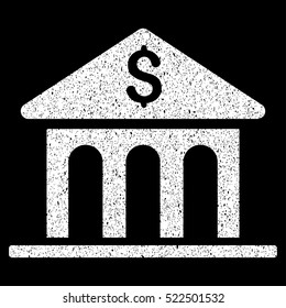 Bank Building grainy textured icon for overlay watermark stamps. Flat symbol with dust texture. Dotted vector white ink rubber seal stamp with grunge design on a black background.